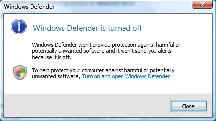 Windows Defender is turned off in Vista
