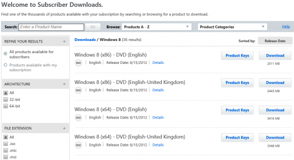 Windows 8 Official ISO Images and Product Keys Released on MSDN and TechNet